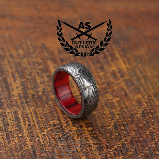 Molten Damascus Steel Wedding Ring Whiskey Barrel Band | Wood Inlay