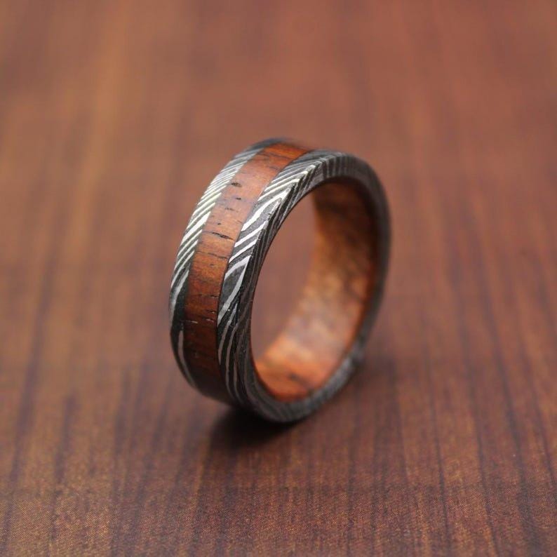 Damascus Steel Wedding Ring Whiskey Barrel & Blue Wood Inlay Men's Band