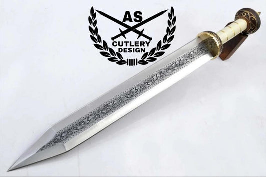 Handmade Engraved Gladius Sword: D2 Steel Blade, Rosewood & Camel Bone Handle