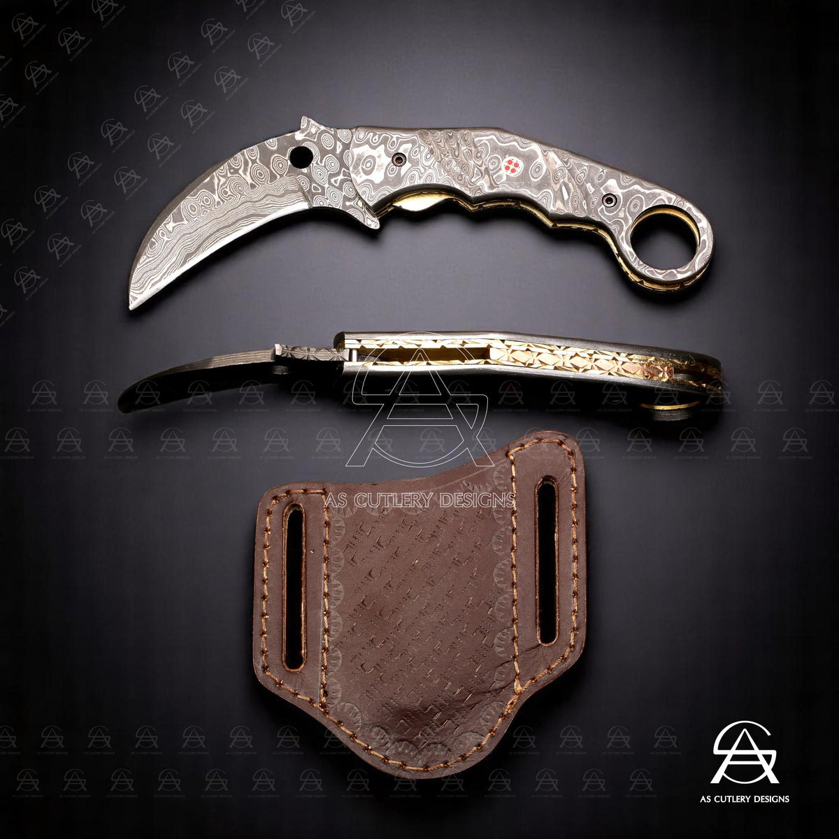 Hand-Forged Damascus Steel Karambit Folding Knife | Mosaic Pin, Leather Sheath