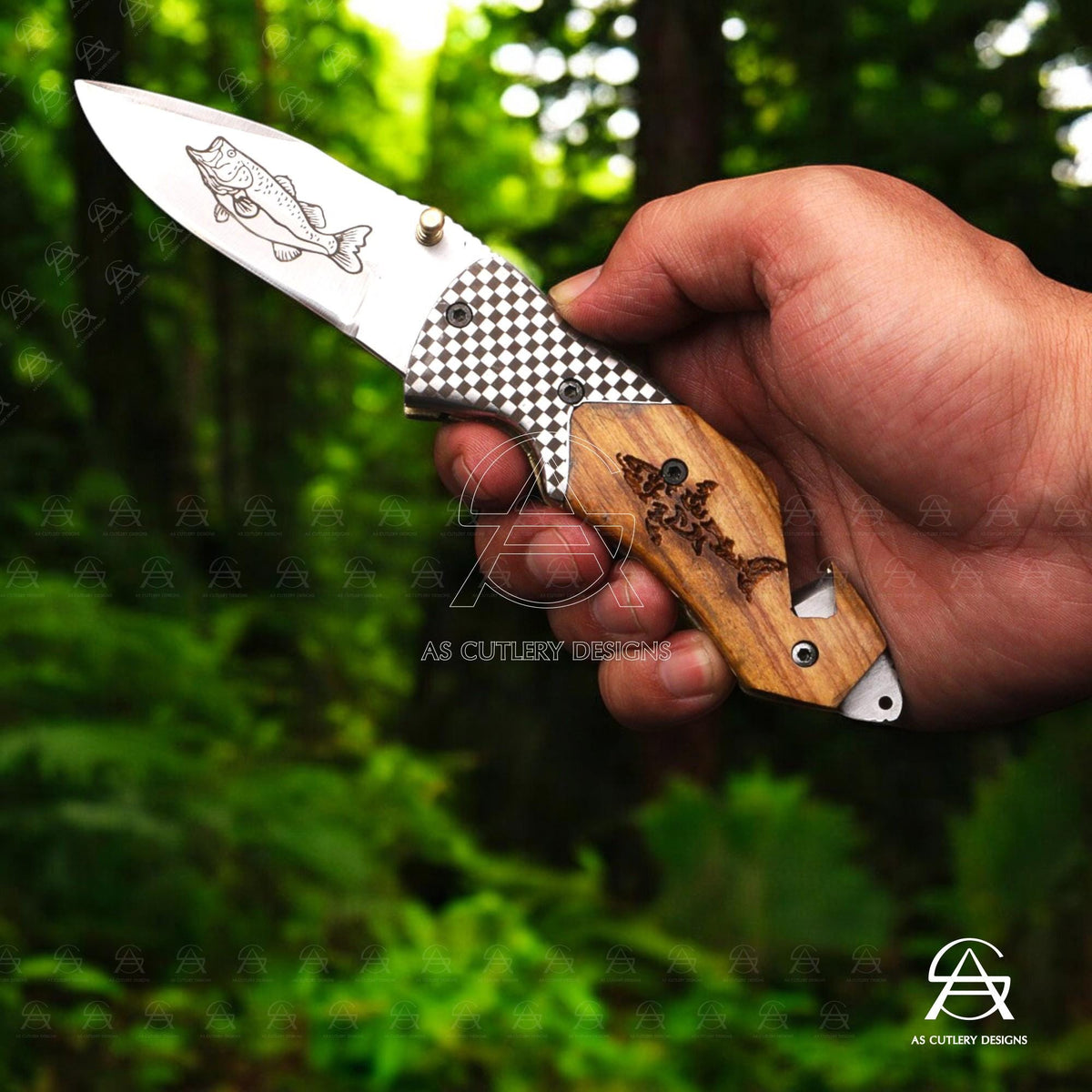 Hand-Forged J2 Stainless Steel Folding Knife | Kawu Wood Handle, Leather Sheath