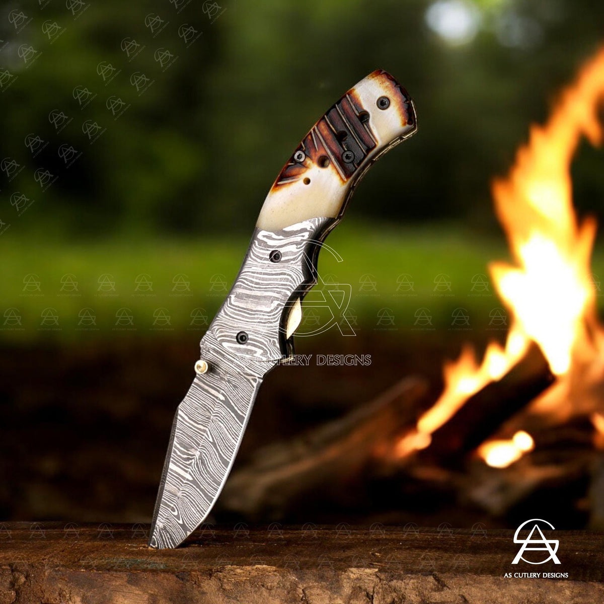 Hand Forged Damascus Steel Folding Knife, Camel Bone Handle, Leather Sheath