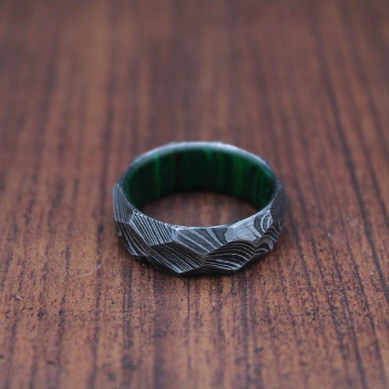 Damascus Steel & Whiskey Barrel Wood Ring - Hammered Wedding Band