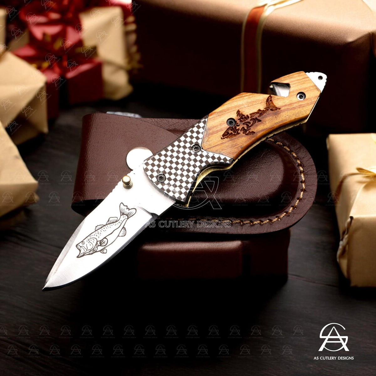 Hand-Forged J2 Stainless Steel Folding Knife | Kawu Wood Handle, Leather Sheath