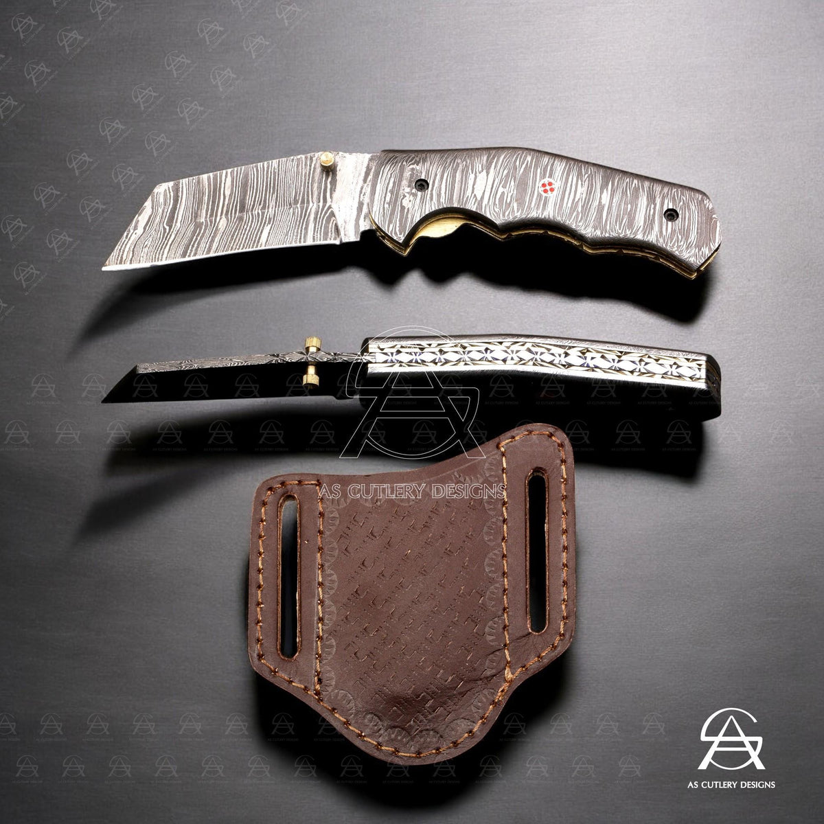 Hand-Forged Damascus Steel Folding Knife | Mosaic Pin, Leather Sheath