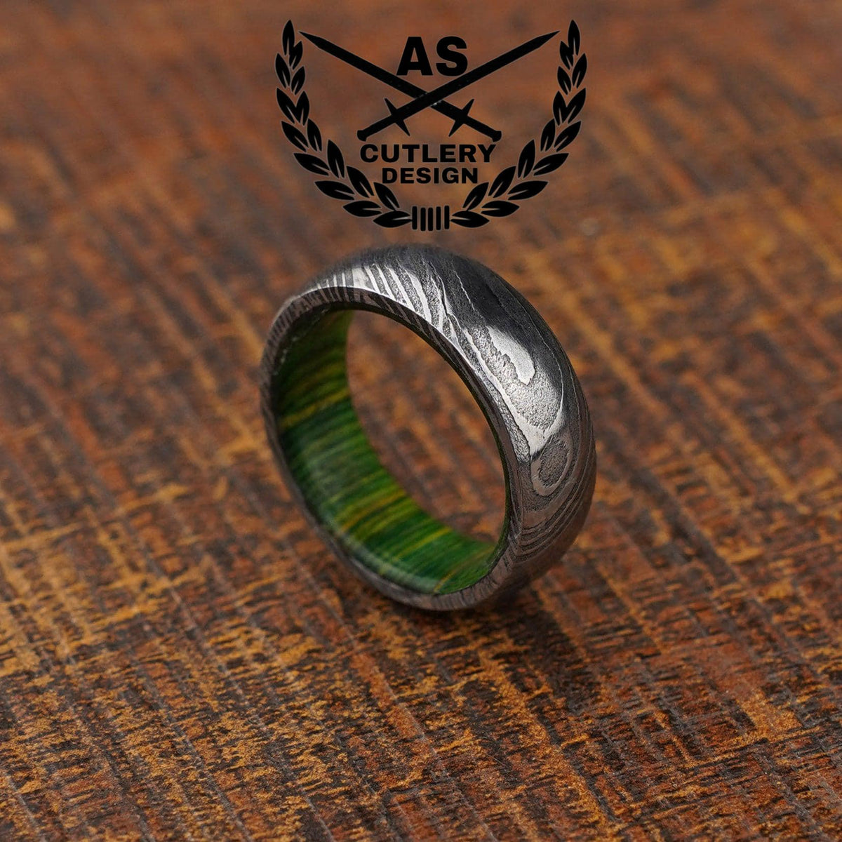 Forest Wood Damascus Steel Wedding Ring Band with Whiskey Barrel Green Wood Inlay