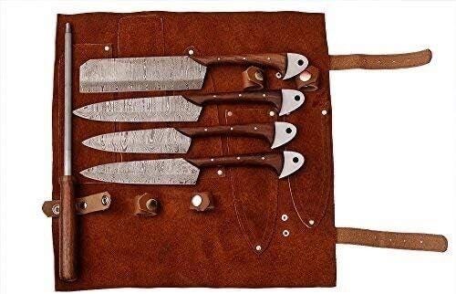 Custom made Damascus steel kitchen/chef's knife set with leather roll bag