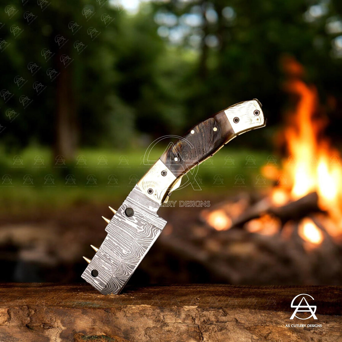 Hand-Forged Damascus Steel Folding Knife | Brass Bolster & Pommel with Hand Engravings | Lamb Horn Handle
