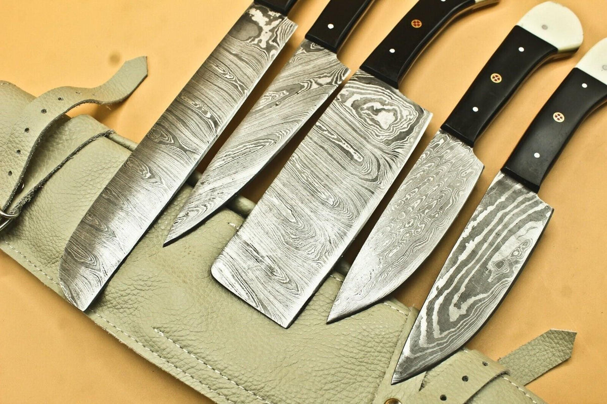 Custom Handmade Damascus Chef Knife Set of 5 | Twisted Pattern 512 Layers with Bull Horn Handle & Leather Sheath