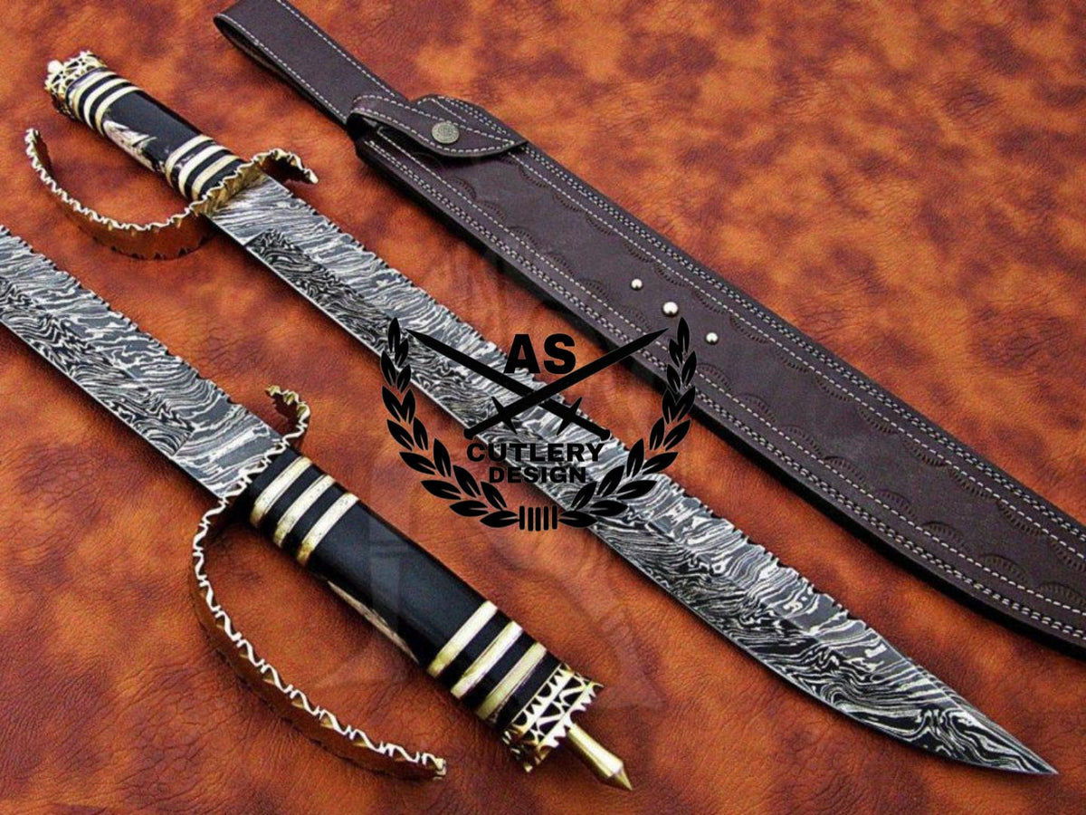 Custom Handmade Damascus Steel Sword & Leather Sheath” Buffalo Horn Handle