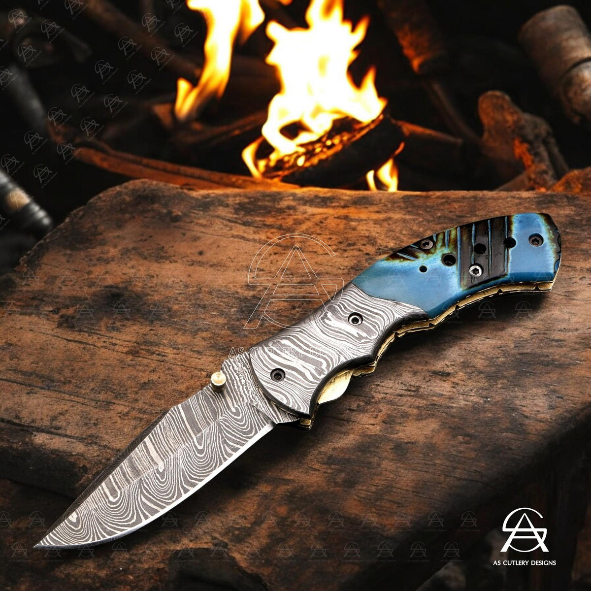 Hand-Forged Damascus Steel Folding Knife | Dyed Camel Bone Handle