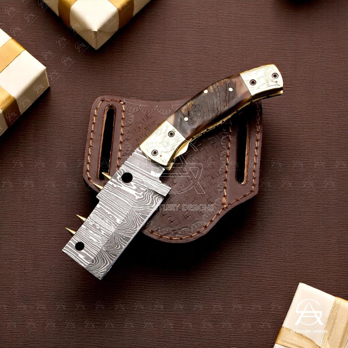 Hand-Forged Damascus Steel Folding Knife | Brass Bolster & Pommel with Hand Engravings | Lamb Horn Handle