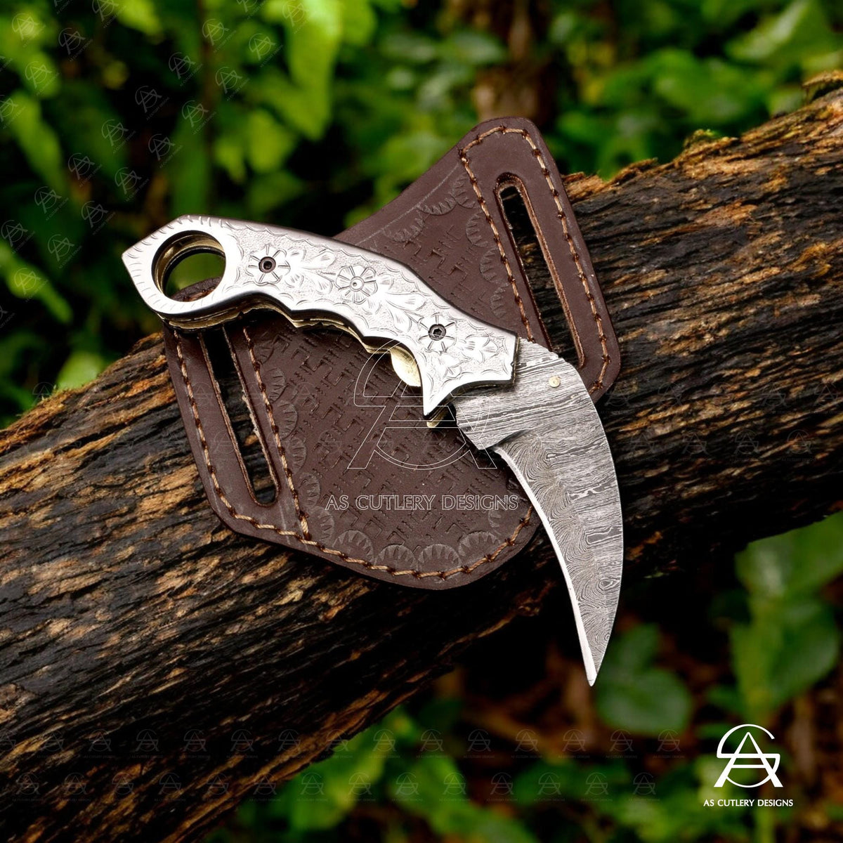 Hand-Forged Damascus Steel Karambit Knife | Engraved Handle, Leather Sheath