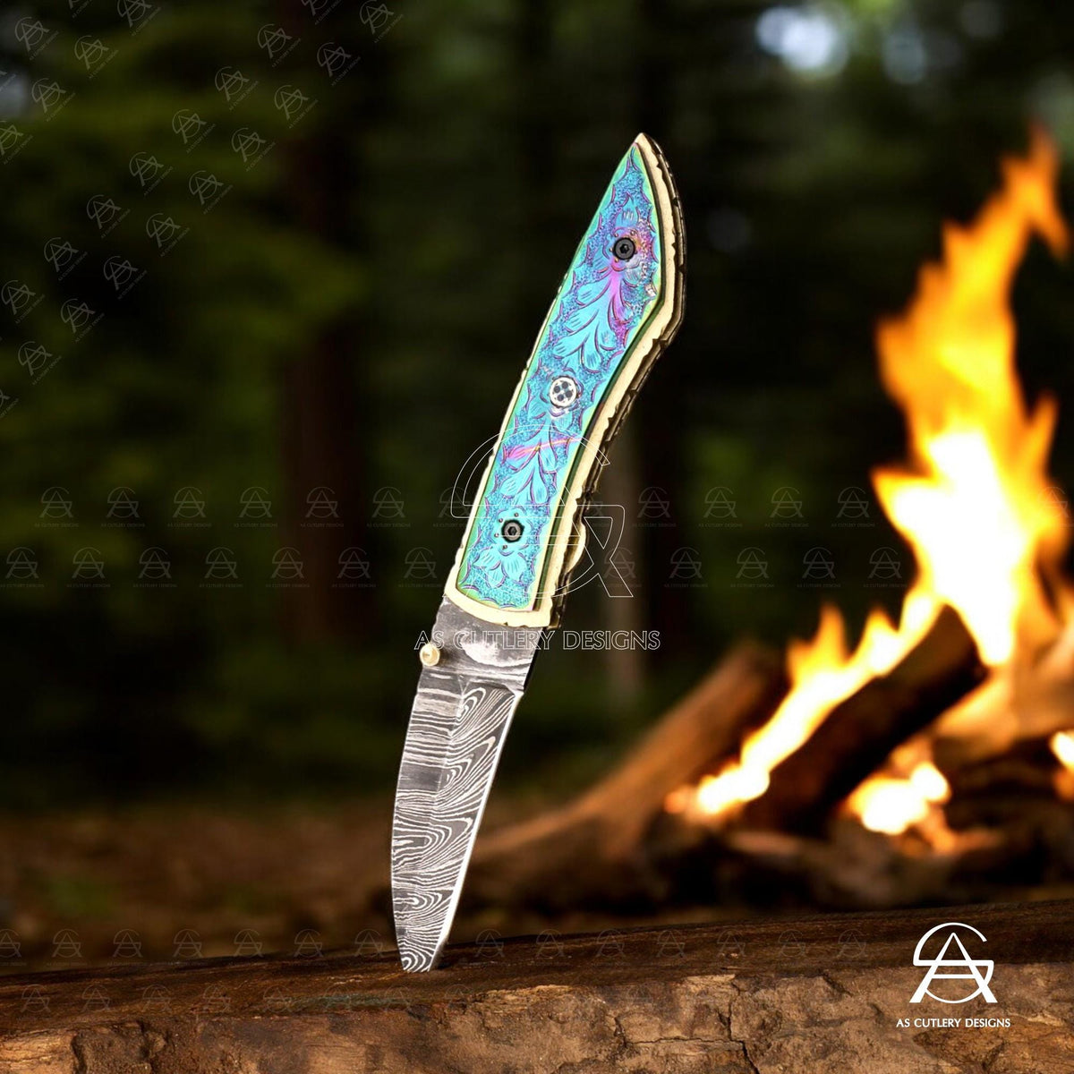Hand Forged Damascus Steel Folding Knife  Brass Handle with Plasma Coating A Masterpiece of Craftsmanship