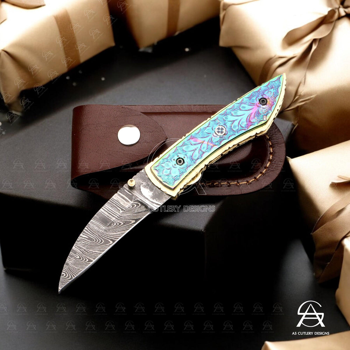 Hand Forged Damascus Steel Folding Knife  Brass Handle with Plasma Coating A Masterpiece of Craftsmanship