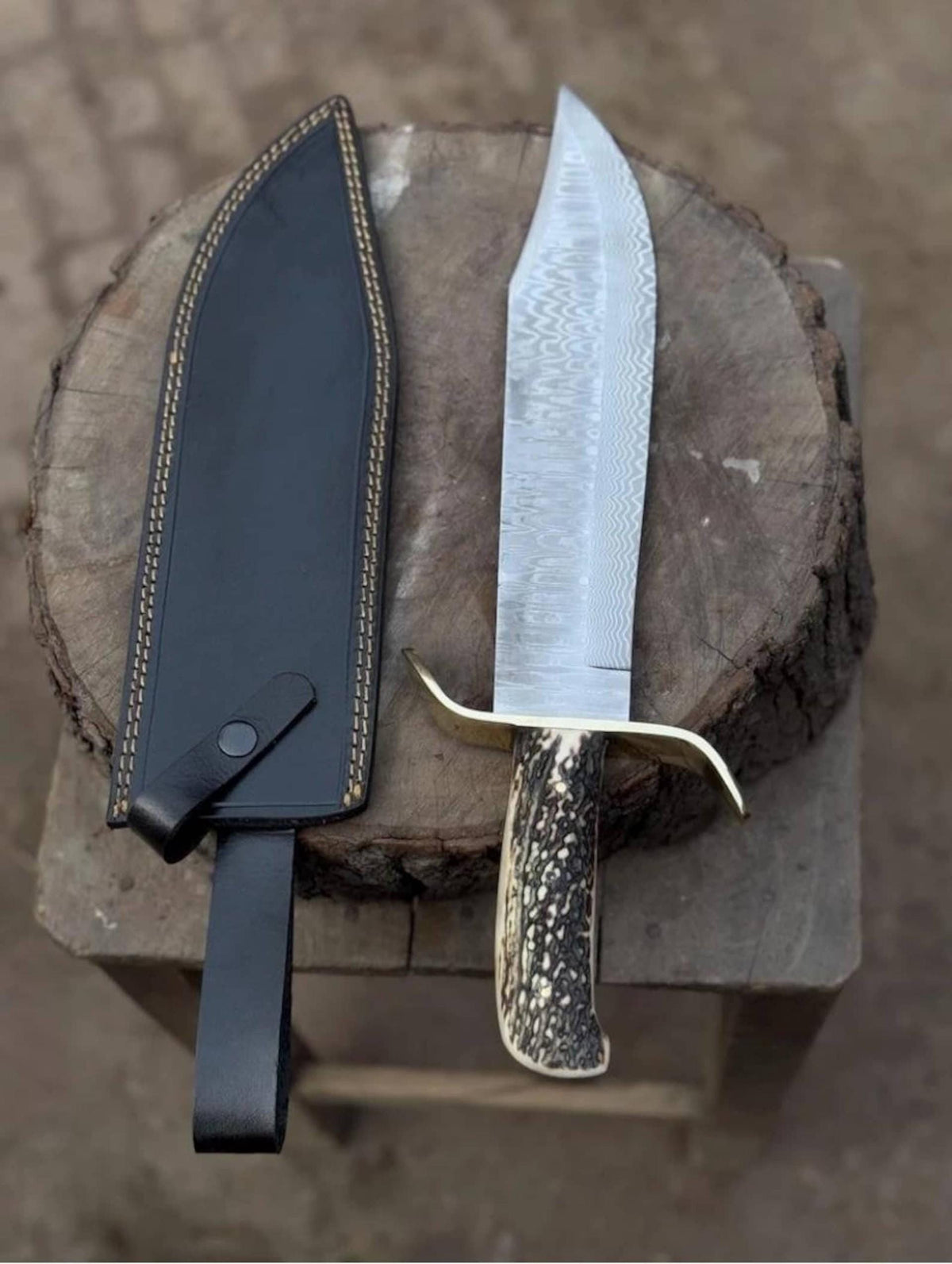 Handcrafted Damascus Steel Bowie Hunting Knife with Stag Horn Handle 17”