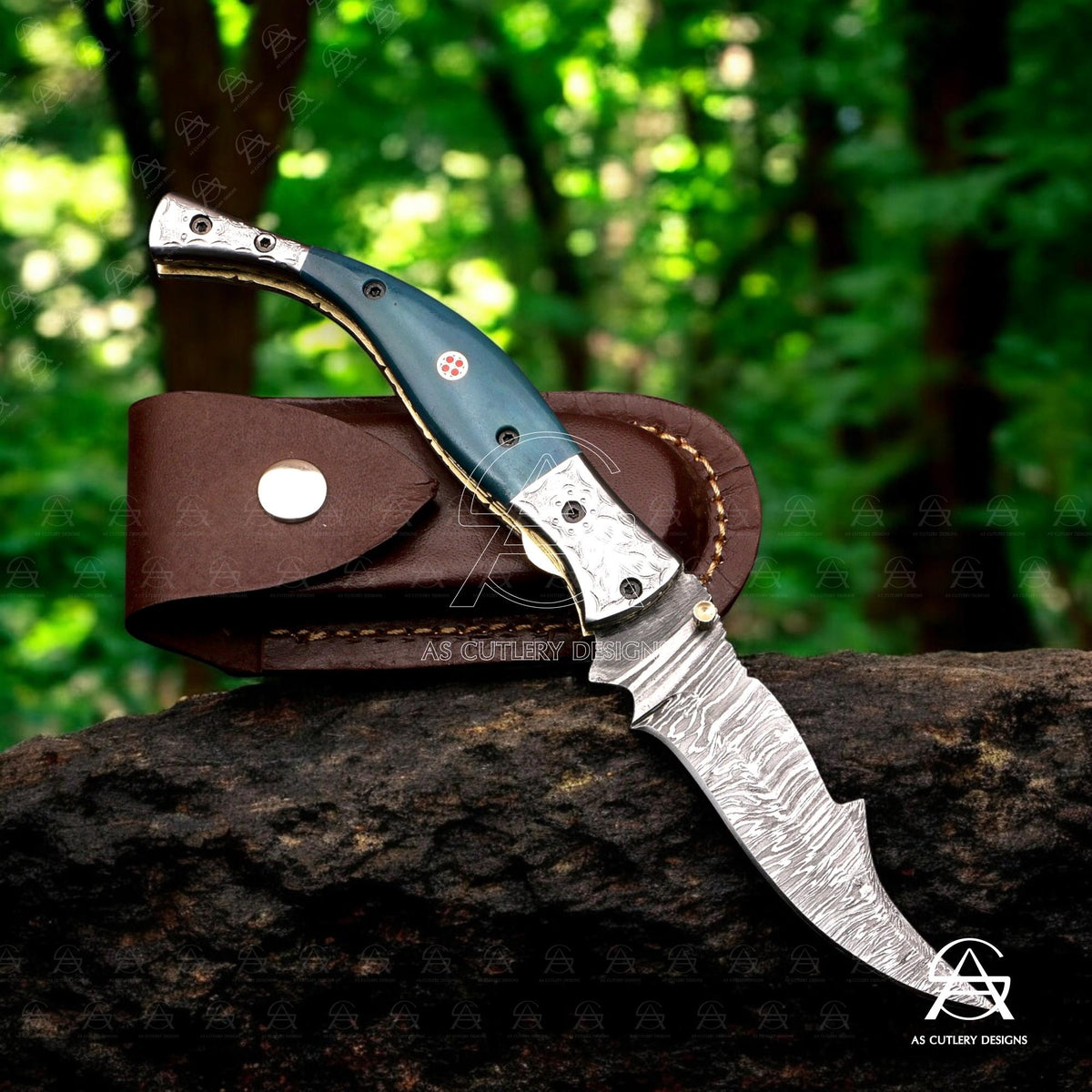 Hand-Forged Damascus Steel Folding Knife | Camel Bone Handle, Leather Sheath