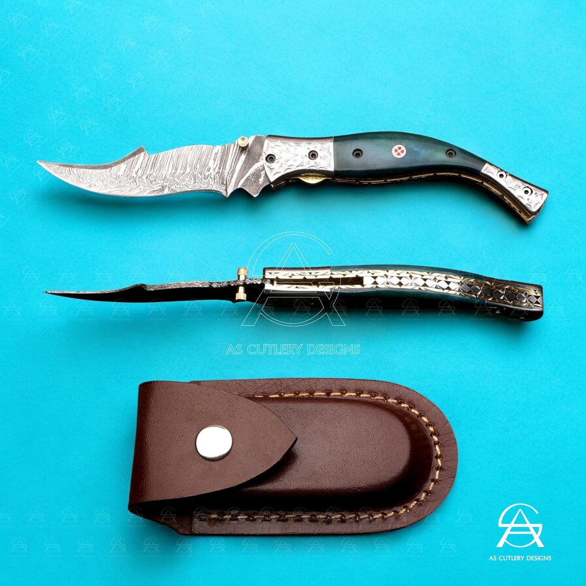 Hand-Forged Damascus Steel Folding Knife | Camel Bone Handle, Leather Sheath