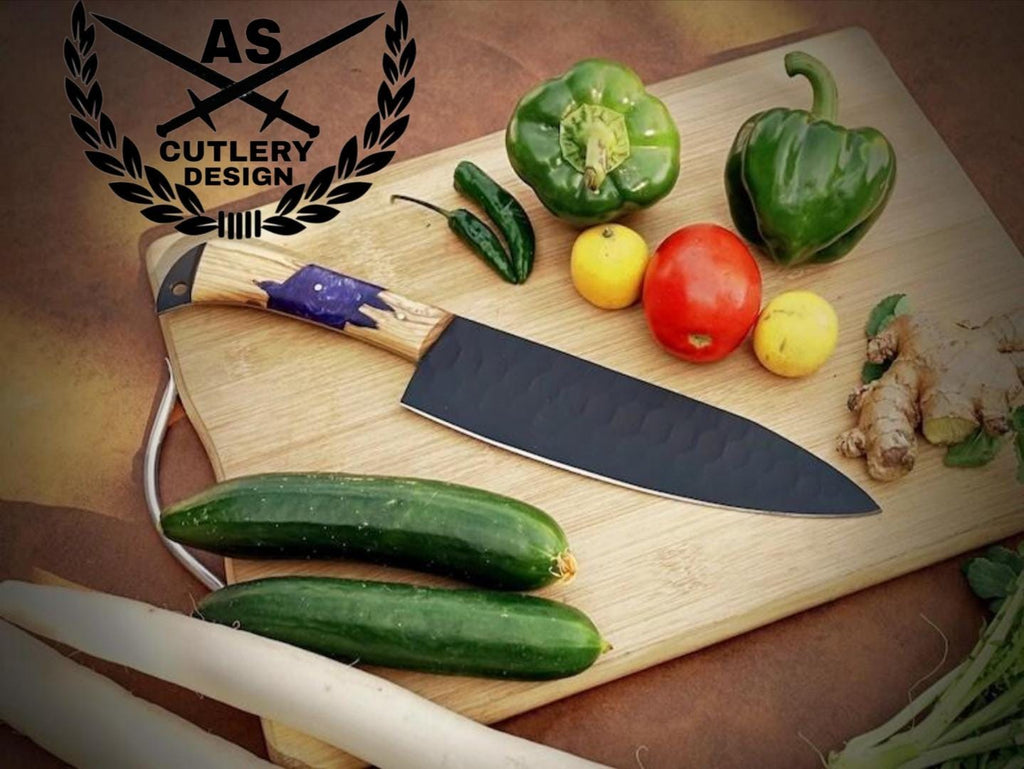 Custom Hand Forged Damascus Steel Chef Kitchen Knife Set With Leather Sheath Bag