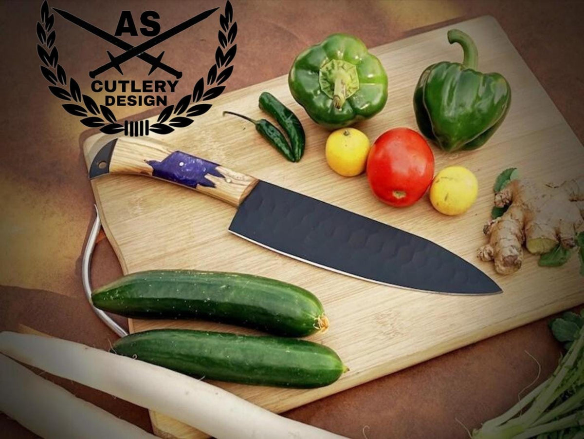 Custom Hand Forged Damascus Steel Chef Kitchen Knife Set With Leather Sheath Bag