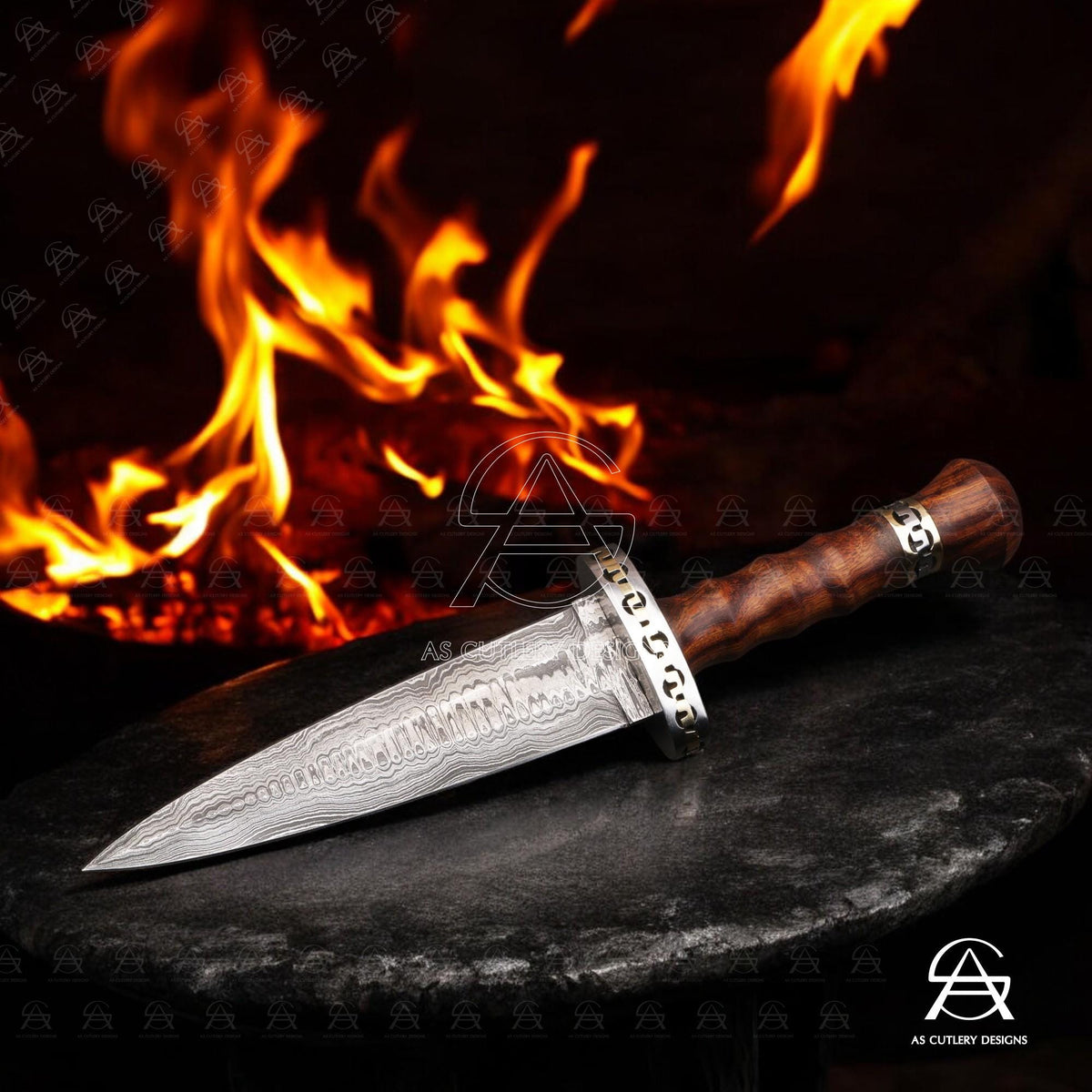 Hand-Forged Damascus Steel Dagger Knife | Rosewood Handle, Leather Sheath