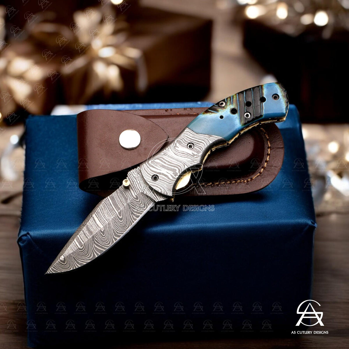 Hand-Forged Damascus Steel Folding Knife | Dyed Camel Bone Handle