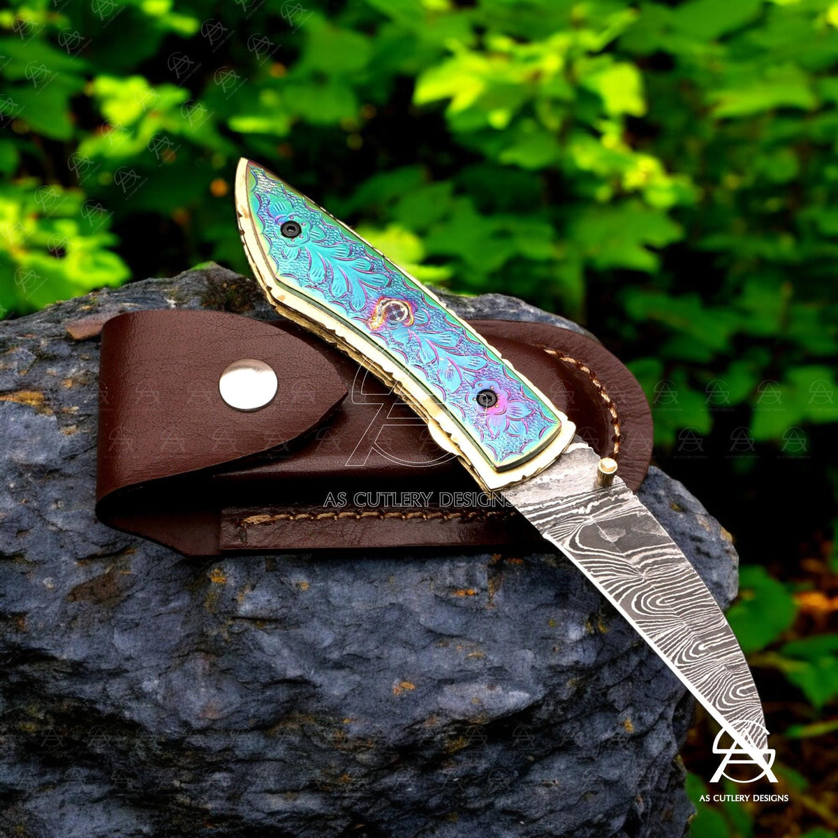 Hand Forged Damascus Steel Folding Knife  Brass Handle with Plasma Coating A Masterpiece of Craftsmanship
