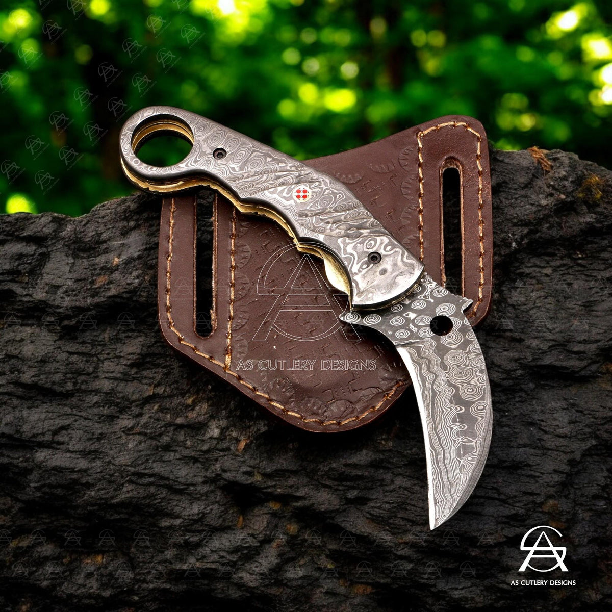 Hand-Forged Damascus Steel Karambit Folding Knife | Mosaic Pin, Leather Sheath