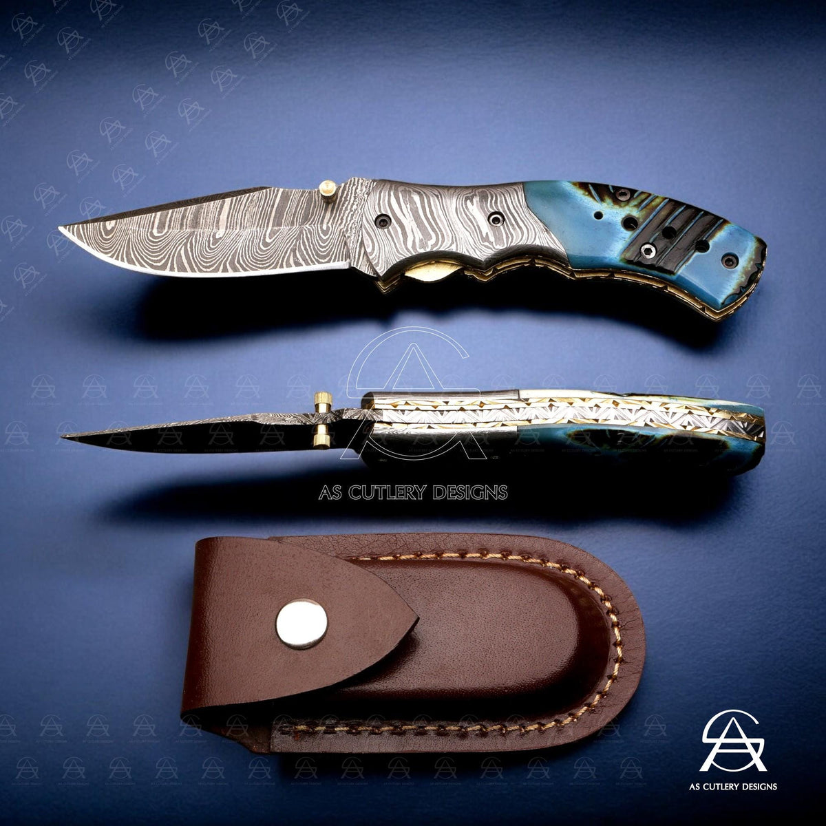 Hand-Forged Damascus Steel Folding Knife | Dyed Camel Bone Handle