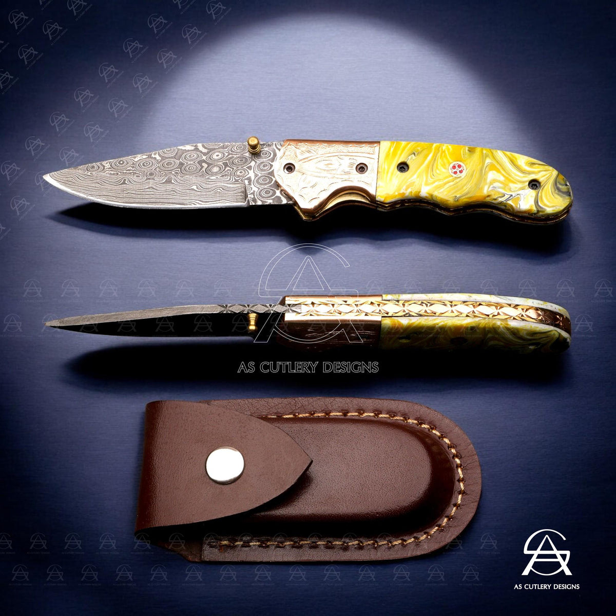 Hand-Forged Damascus Steel Folding Knife | Resin Handle, Leather Sheath