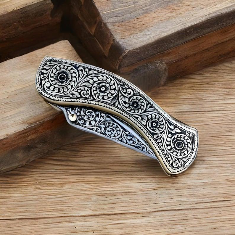 Custom Handmade Stainless Steel Folding Pocket Knife Full Engraved With Sheath