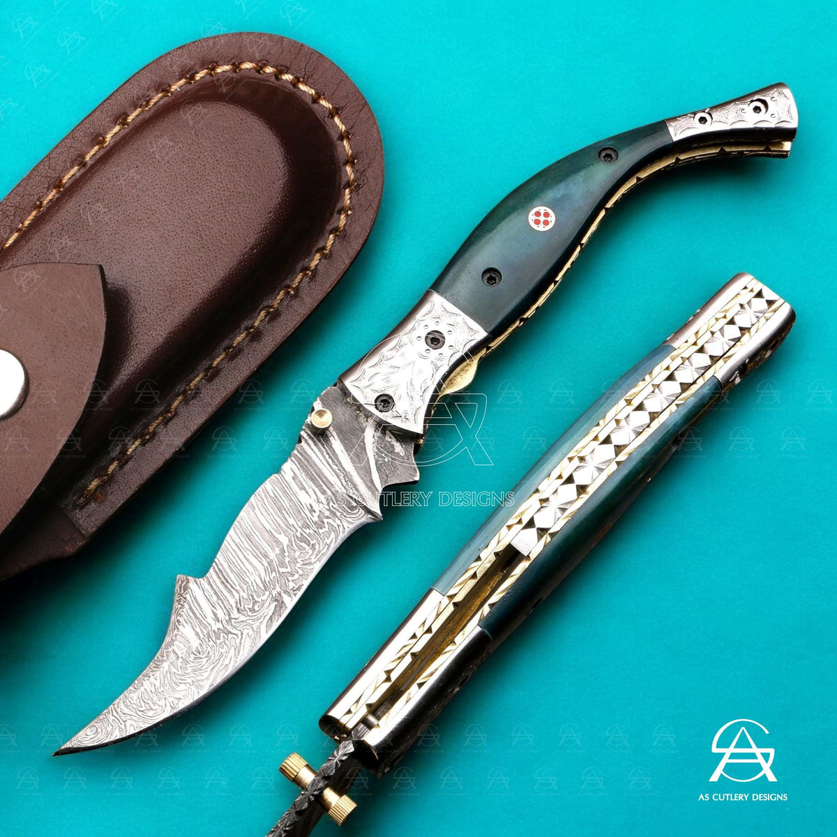Hand-Forged Damascus Steel Folding Knife | Camel Bone Handle, Leather Sheath