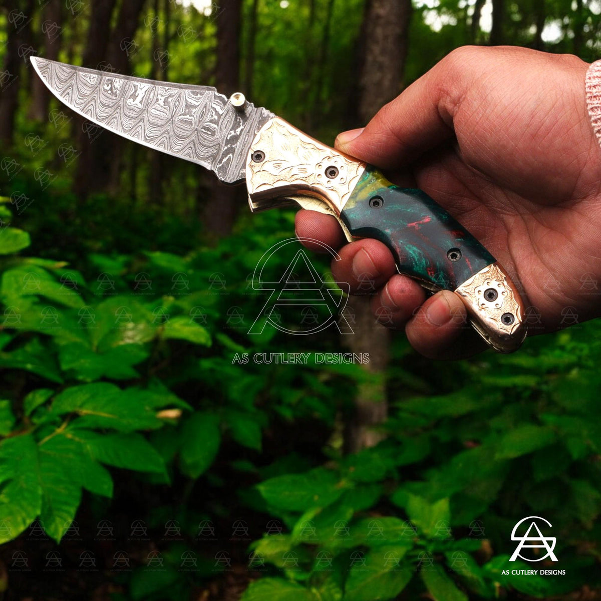 Hand Forged Damascus Steel Folding Knife  Epoxy Resin Handle with Hand-Engraved Copper Bolster Pommel