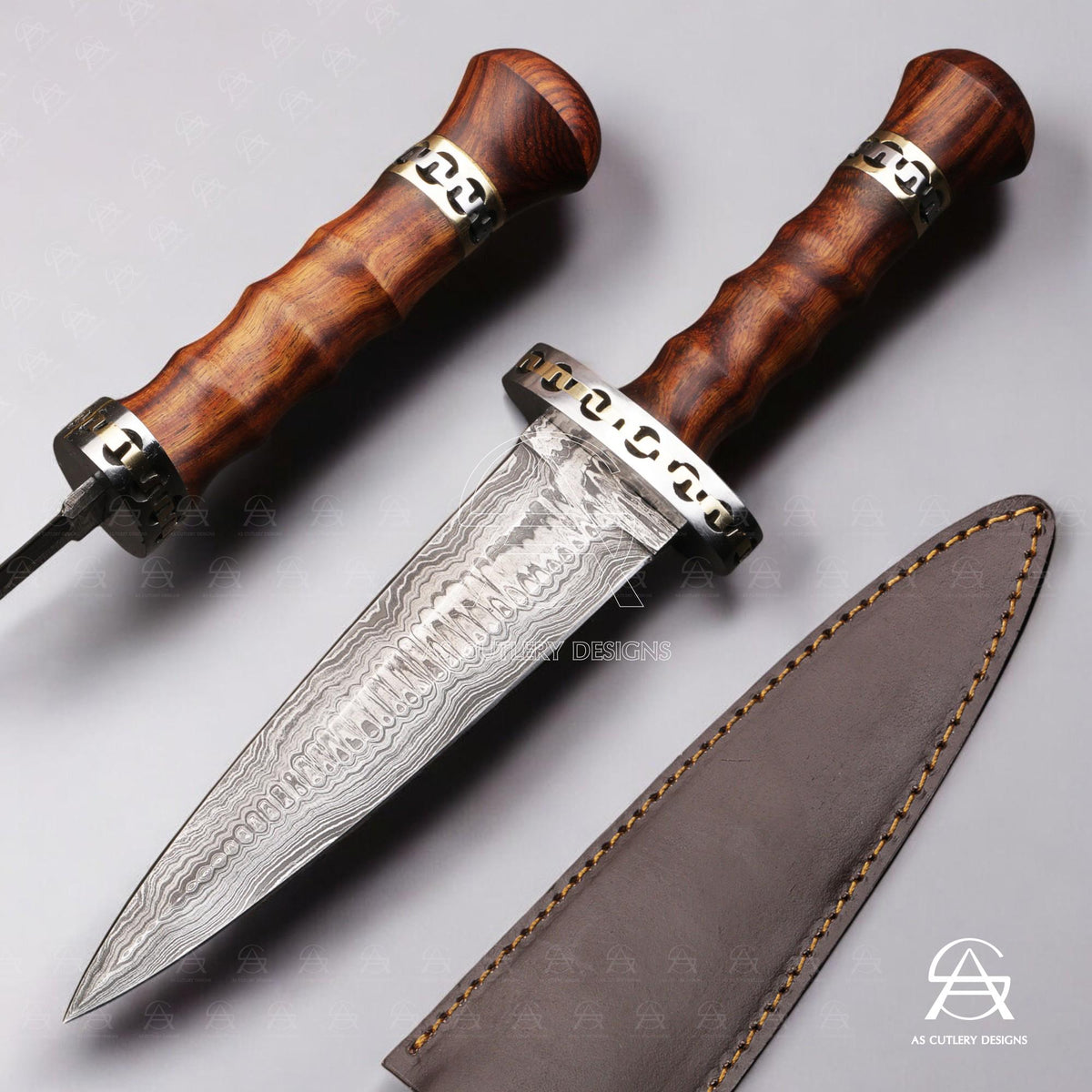 Hand-Forged Damascus Steel Dagger Knife | Rosewood Handle, Leather Sheath