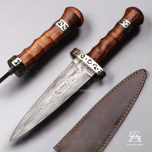 Hand-Forged Damascus Steel Dagger Knife | Rosewood Handle, Leather Sheath
