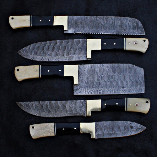 5 Pcs Custom Handmade Damascus Steel Chef Knife Set | Full Tang Kitchen Knives Gift Set | Premium Forged Cooking Blades