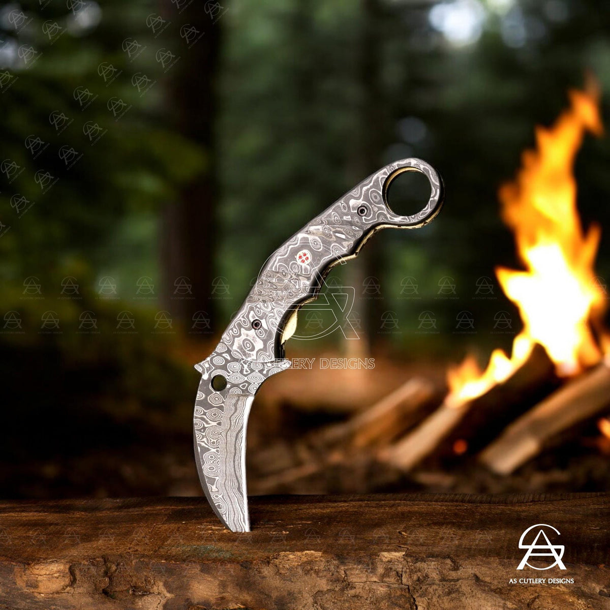 Hand-Forged Damascus Steel Karambit Folding Knife | Mosaic Pin, Leather Sheath