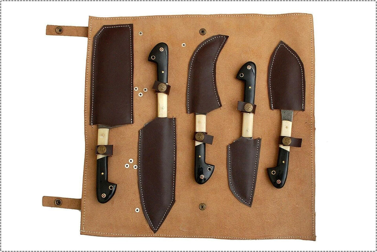 Custom Handmade Damascus Steel Chef Knife Set | Buffalo Bone & Horn Handle (5 pcs)