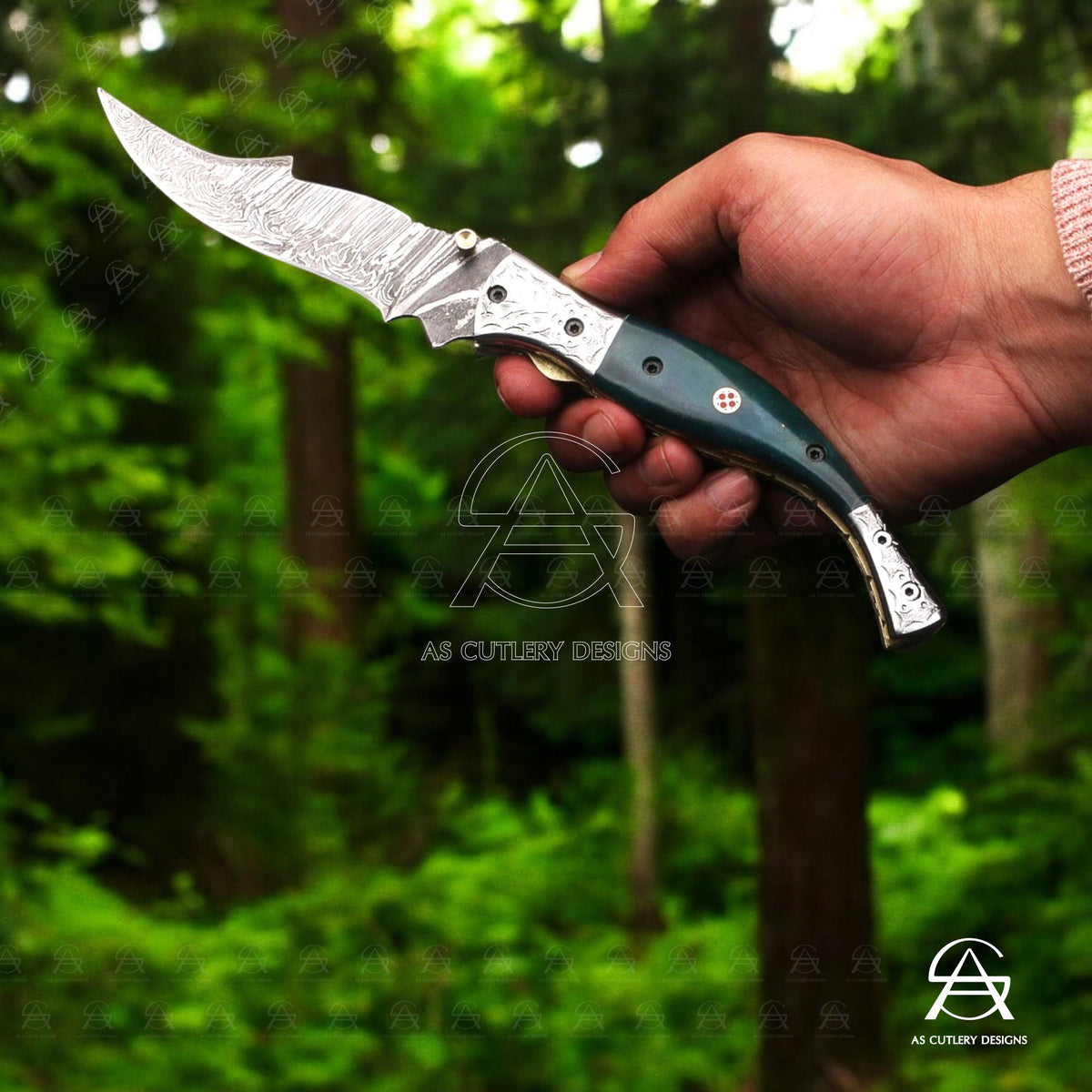Hand-Forged Damascus Steel Folding Knife | Camel Bone Handle, Leather Sheath