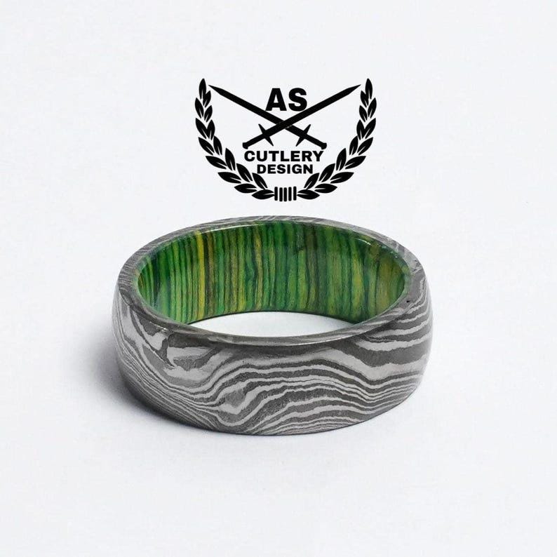 Forest Wood Damascus Steel Wedding Ring Band with Whiskey Barrel Green Wood Inlay