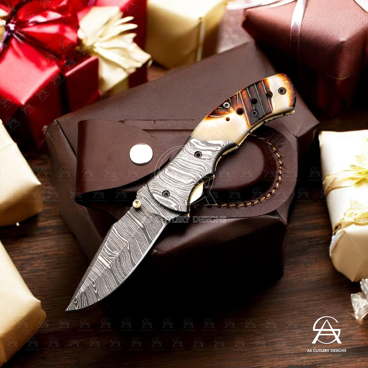 Hand Forged Damascus Steel Folding Knife, Camel Bone Handle, Leather Sheath