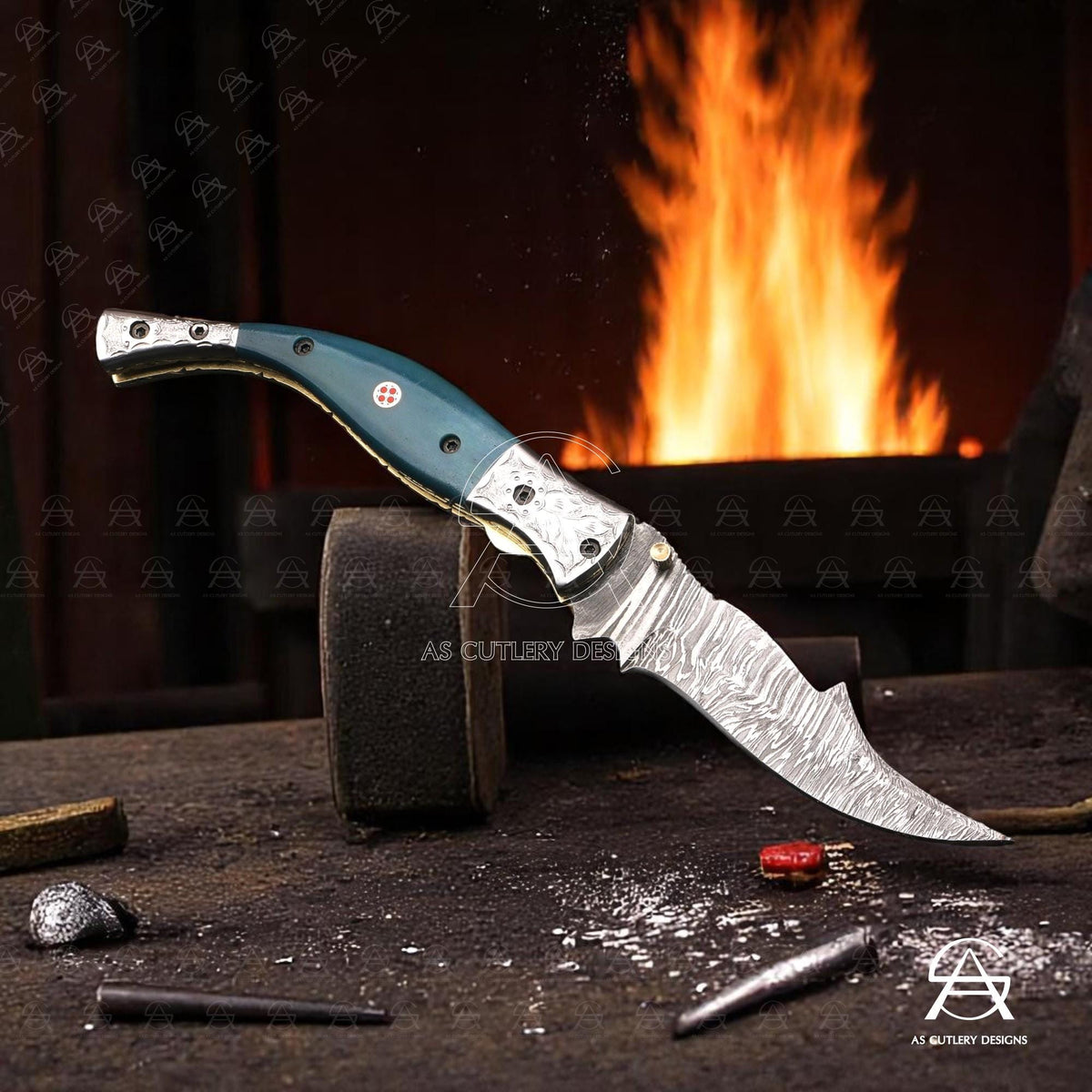 Hand-Forged Damascus Steel Folding Knife | Camel Bone Handle, Leather Sheath