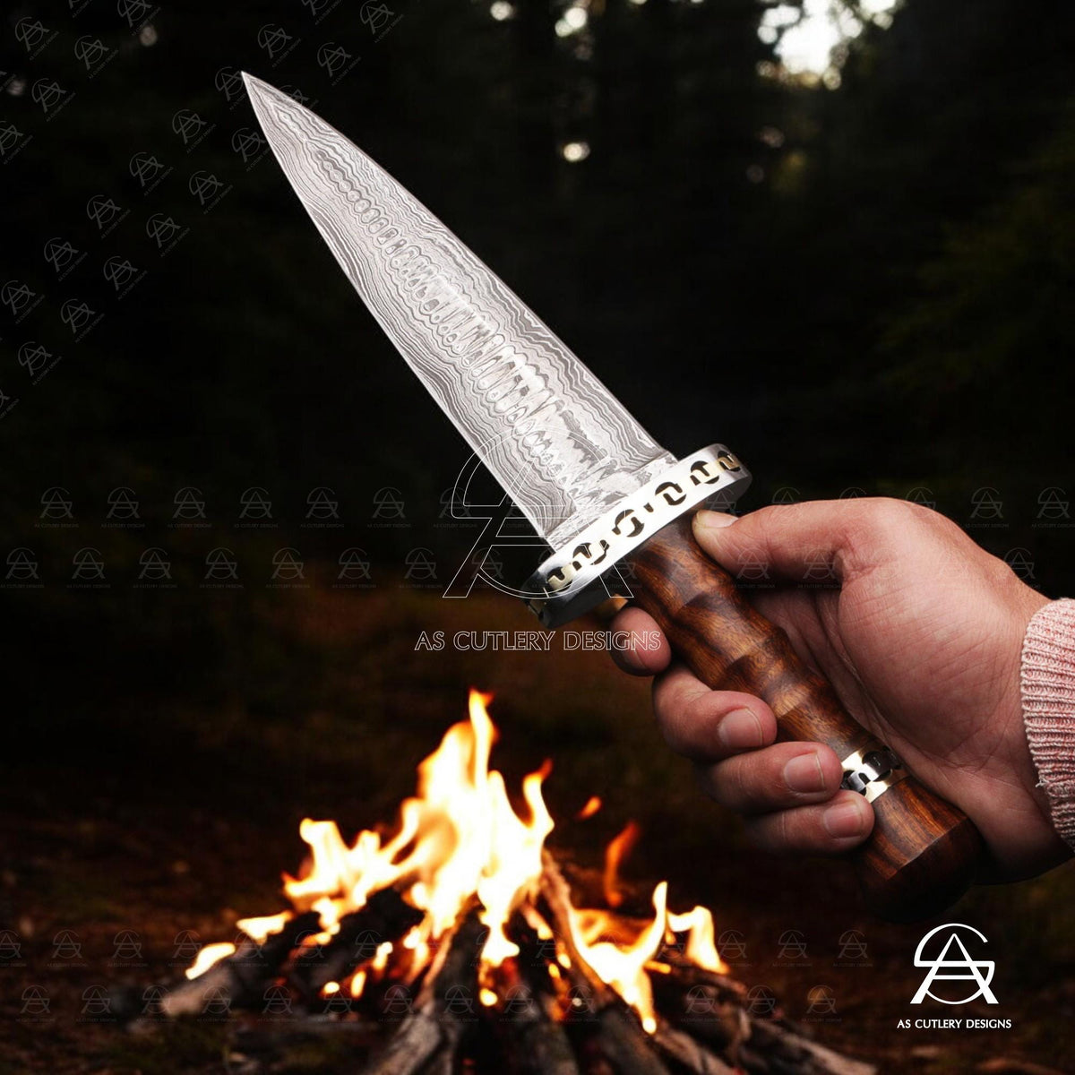 Hand-Forged Damascus Steel Dagger Knife | Rosewood Handle, Leather Sheath