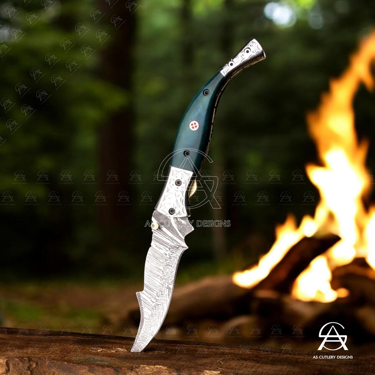 Hand-Forged Damascus Steel Folding Knife | Camel Bone Handle, Leather Sheath