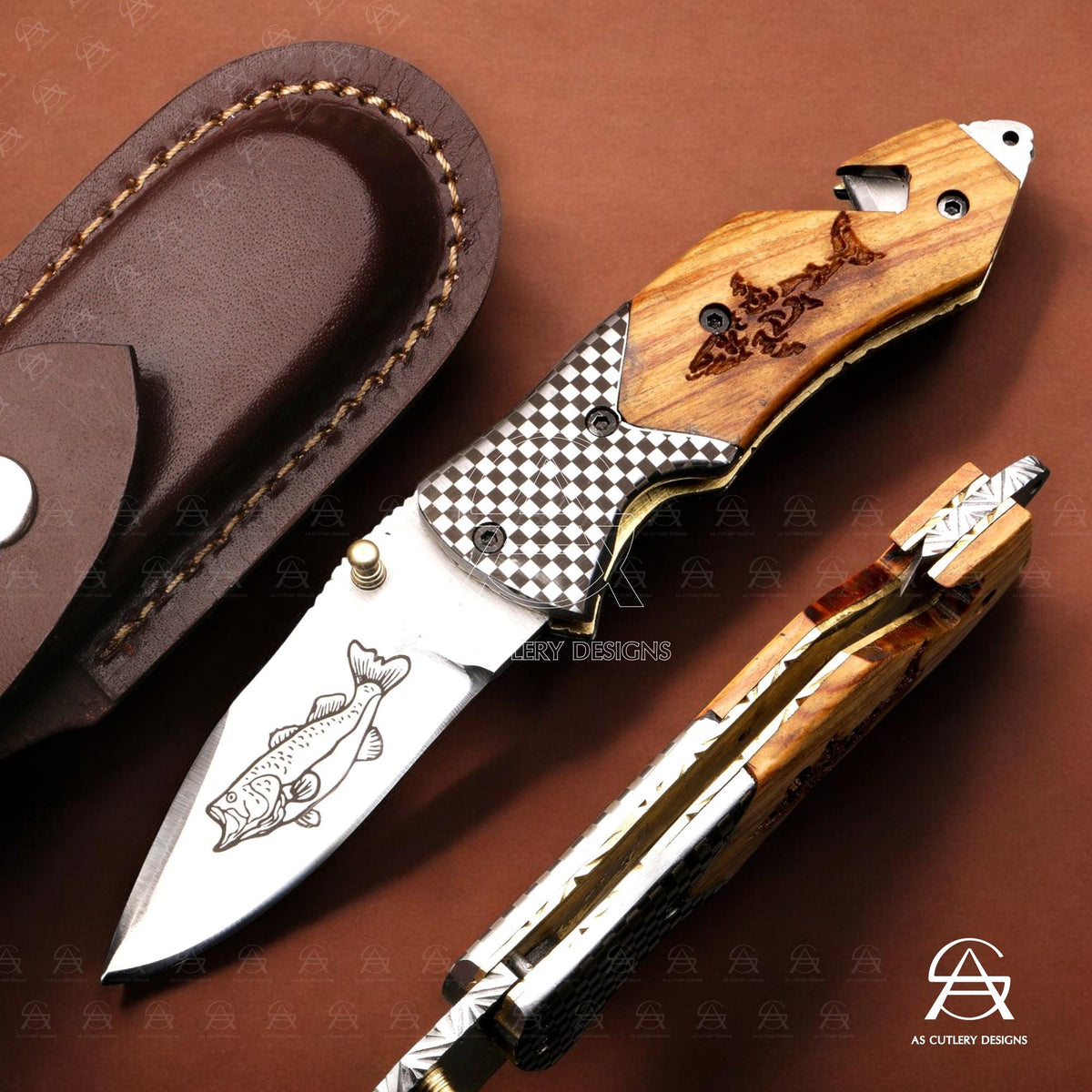 Hand-Forged J2 Stainless Steel Folding Knife | Kawu Wood Handle, Leather Sheath
