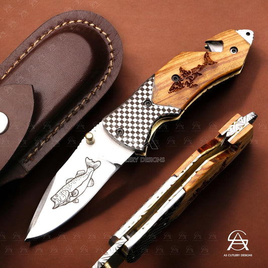 Hand-Forged J2 Stainless Steel Folding Knife | Kawu Wood Handle, Leather Sheath