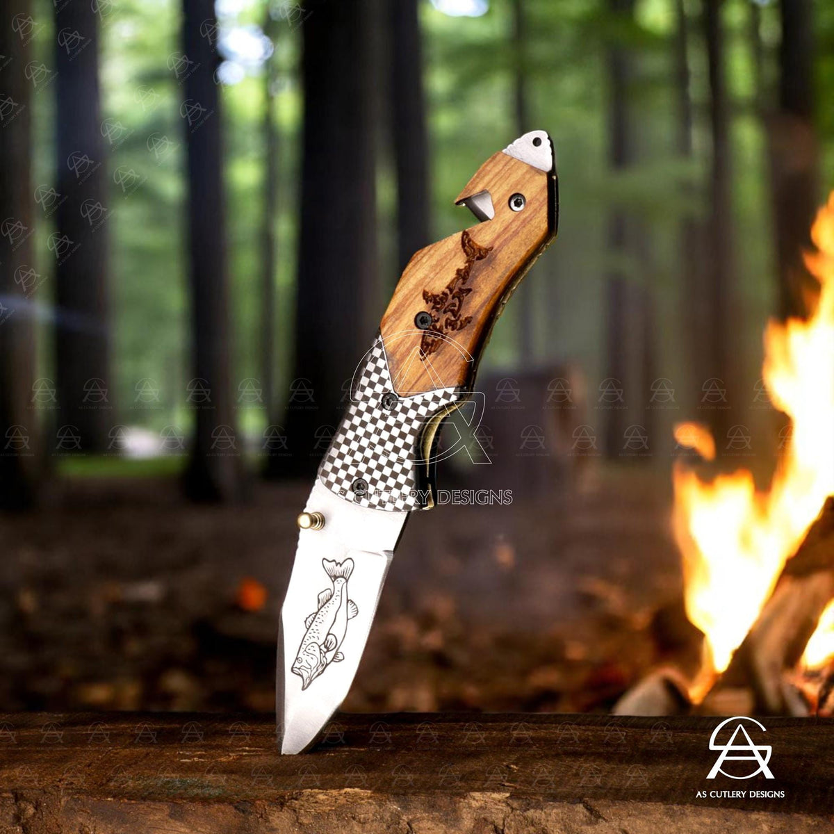 Hand-Forged J2 Stainless Steel Folding Knife | Kawu Wood Handle, Leather Sheath