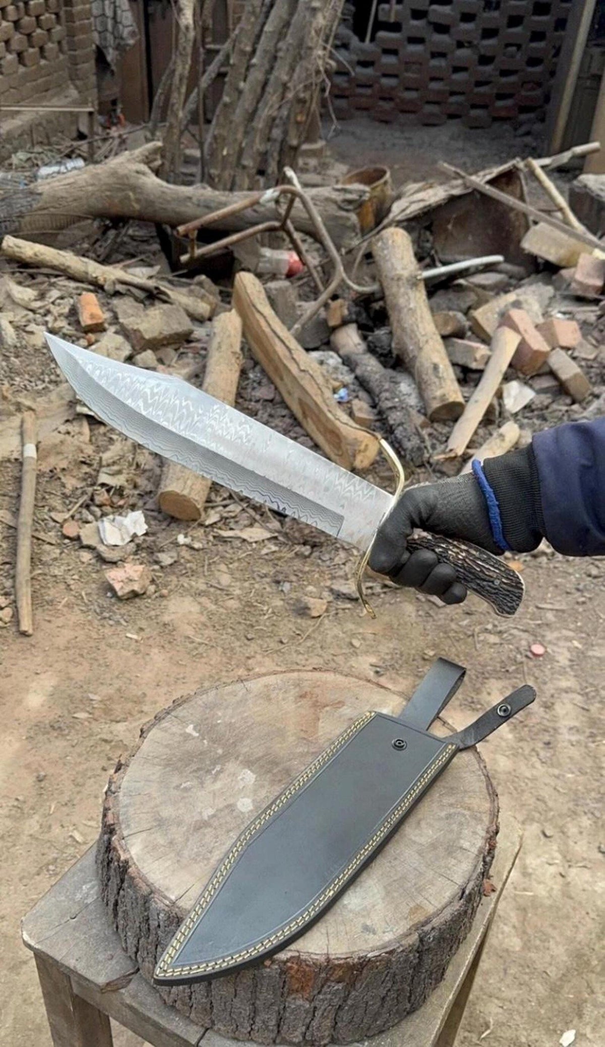 Handcrafted Damascus Steel Bowie Hunting Knife with Stag Horn Handle 17”