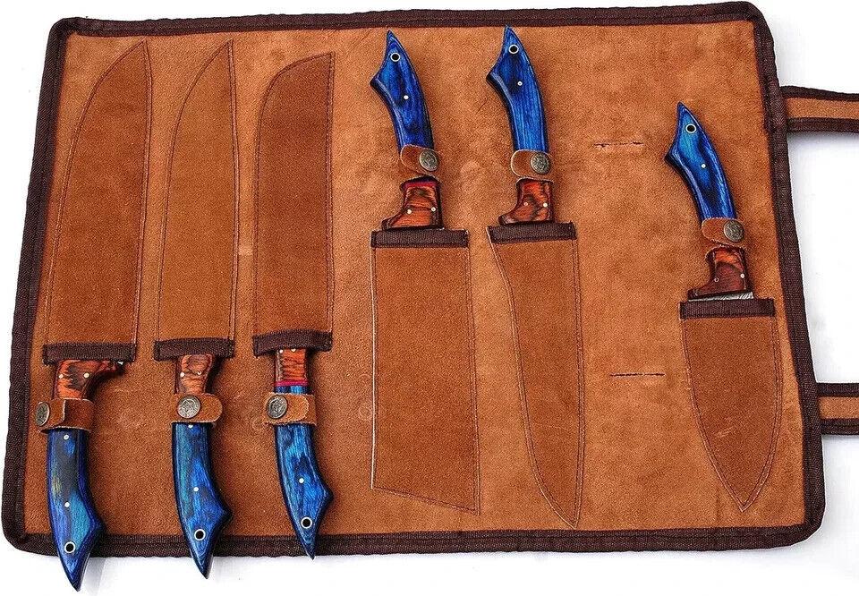 Custom handmade damascus kitchen knives set 6 piece roll