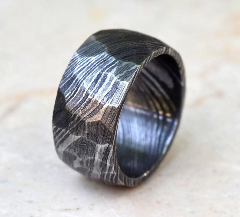 Hand Forged Damascus Steel Ring: 12mm Hammered Band, Mens Gift
